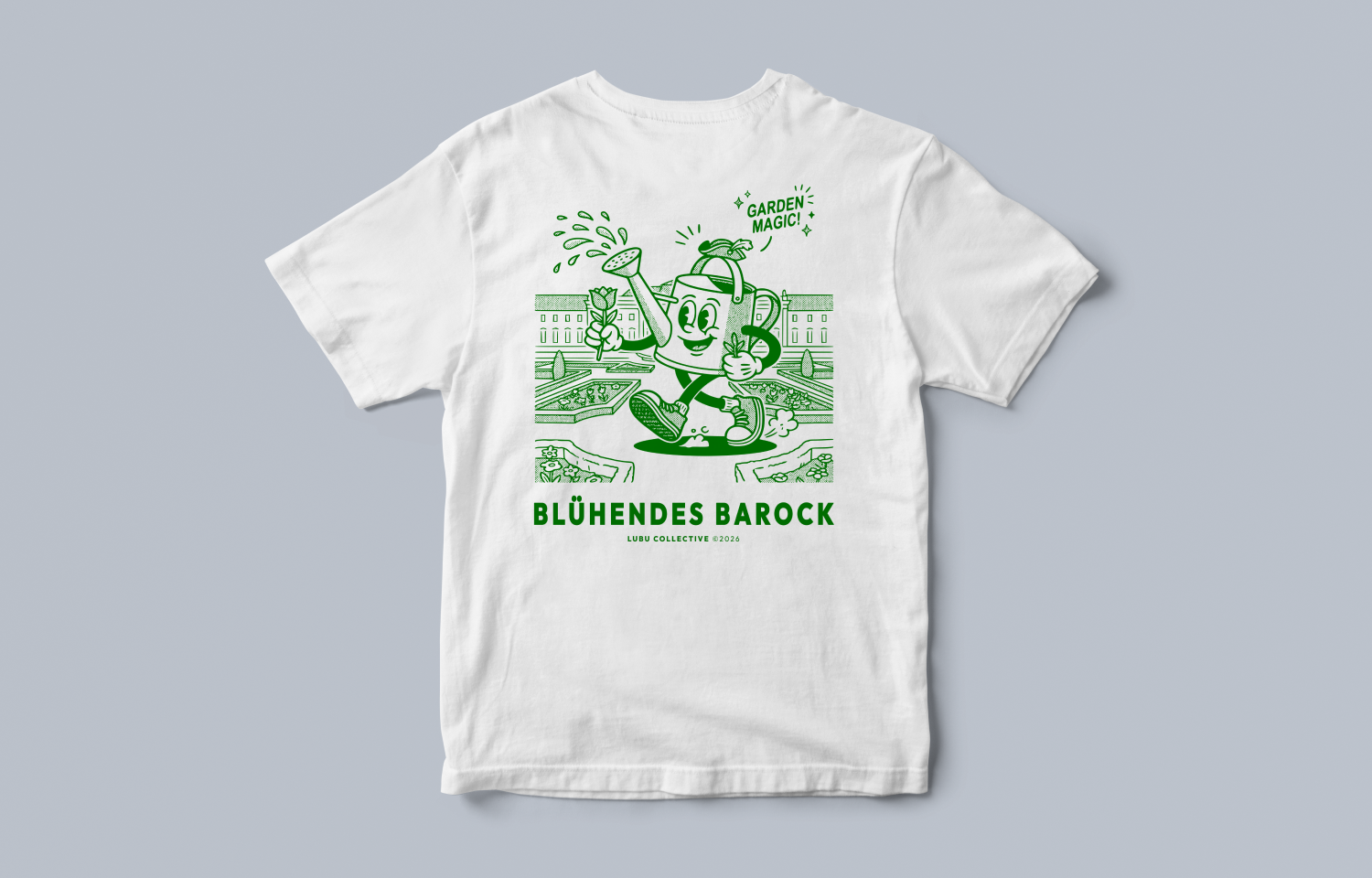 Blühendes Barock Tee – Rückansicht mit Cartoon-Backprint