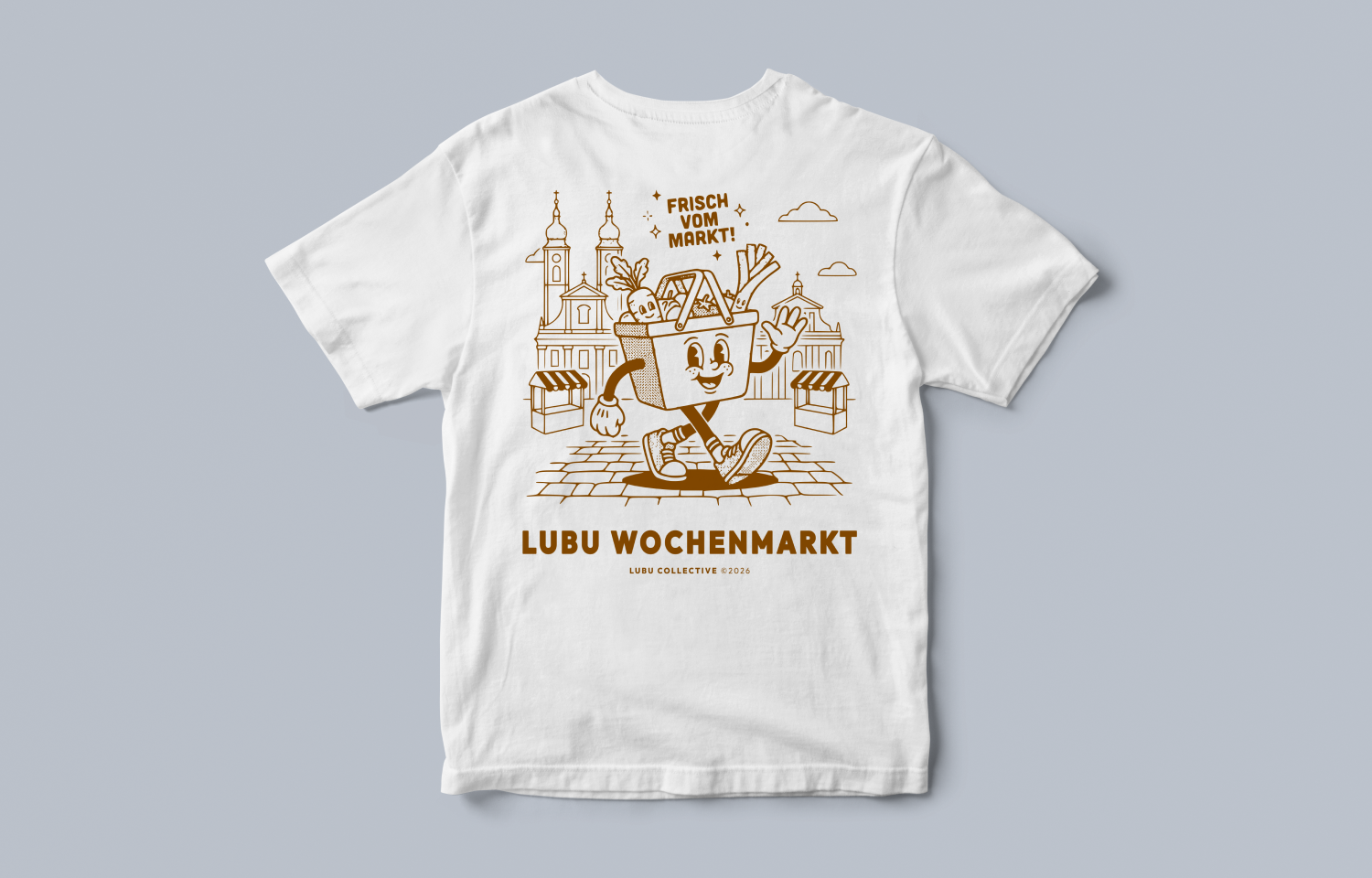 Wochenmarkt Tee – Rückansicht mit Cartoon-Backprint